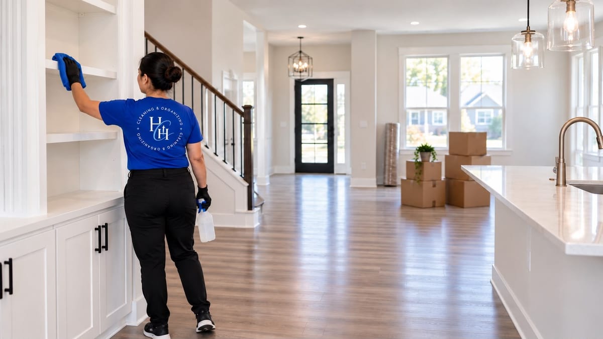Wiping shelves in an empty home during a move-in / move-out clean
