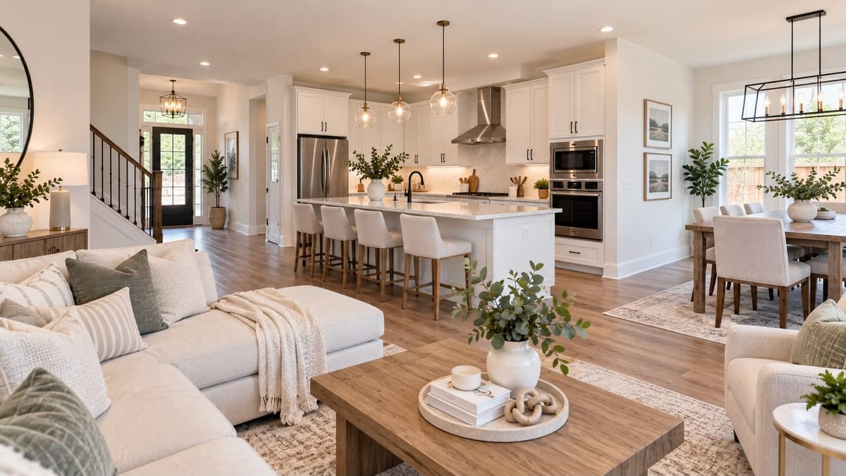 A bright, staged living room and kitchen ready for a real estate showing
