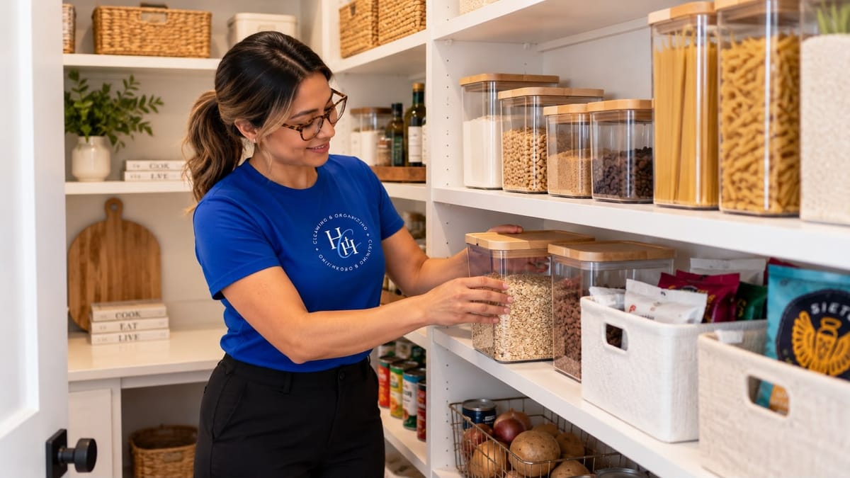 Arranging labeled containers on pantry shelves during a home organizing session