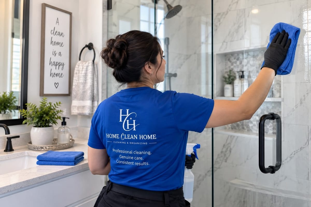 Wiping a glass shower door during a deep bathroom clean