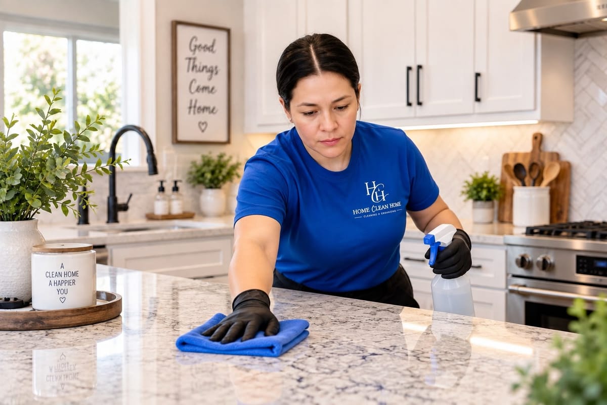Wiping down a kitchen countertop on a recurring cleaning visit